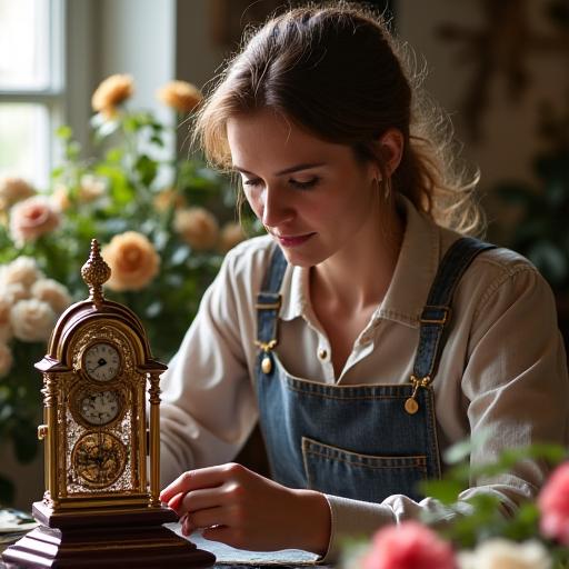 Un artigiano di Tempus Fiore che lavora meticolosamente su un orologio antico circondato da fiori.