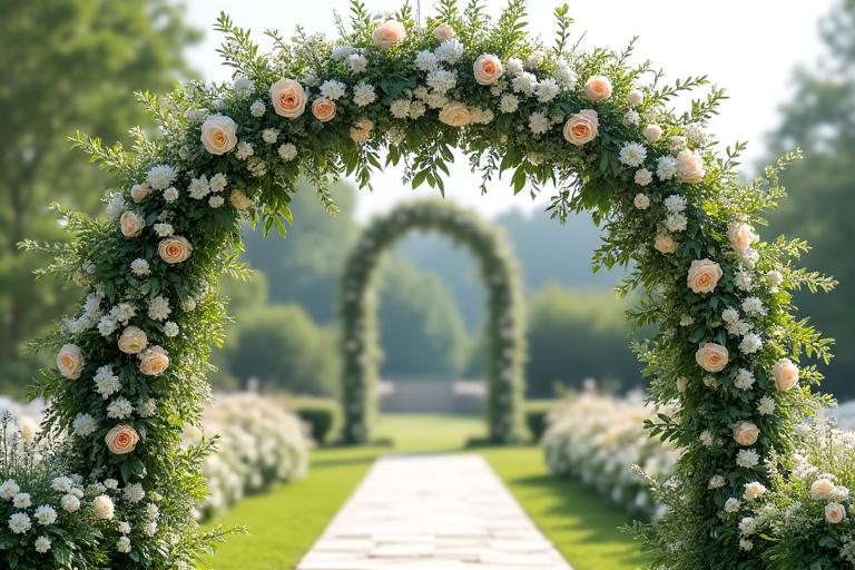 Arco floreale per una cerimonia nuziale all'aperto.