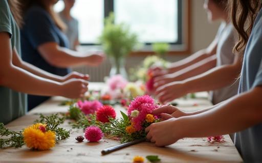 Persone che partecipano a un corso di composizione floreale.