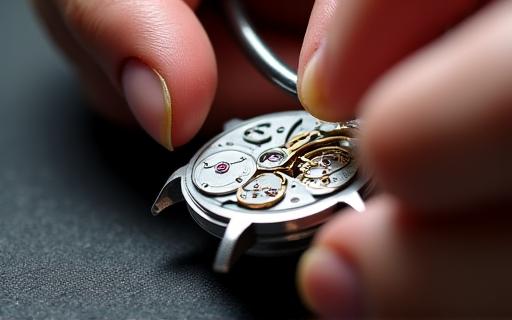 Primo piano di mani che assemblano il meccanismo di un orologio.